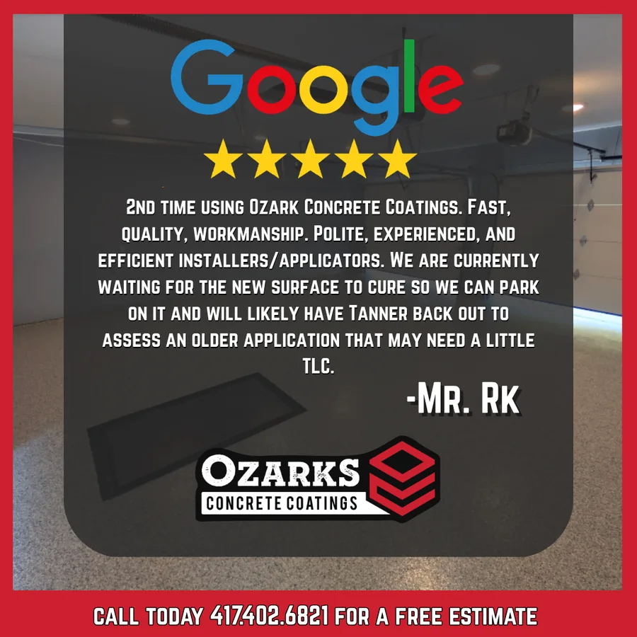 5-star Google review from Mr. RK for Ozarks Concrete Coatings